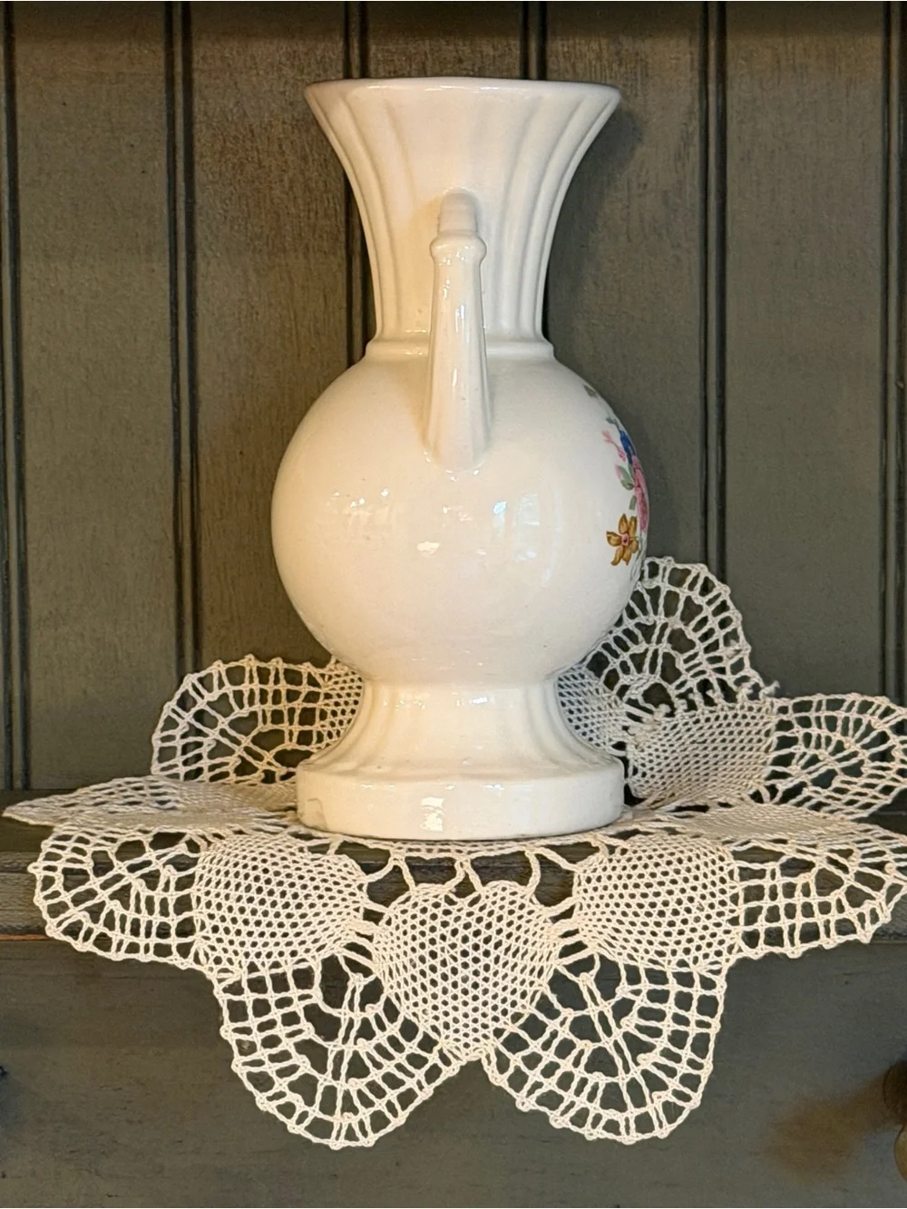 Vintage Floral, Double Handle, Ceramic Vase. Cottage Chic Decor. G21